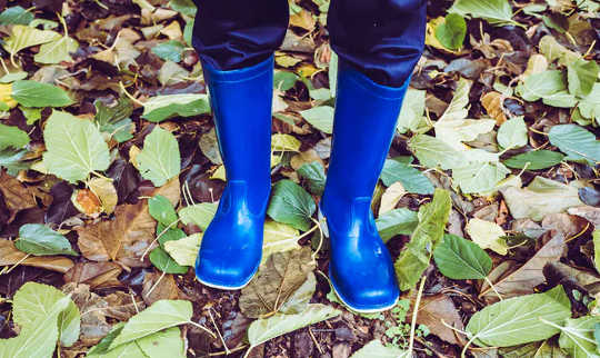 picture of child's feet wearing blue rubber boots with leaves on the ground